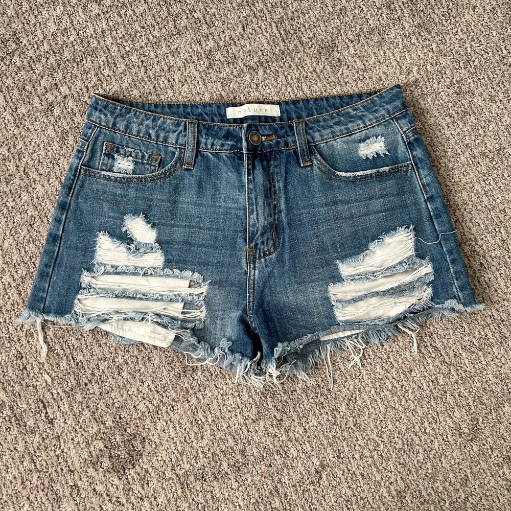 Nature Denim Blue Distressed Denim Shorts